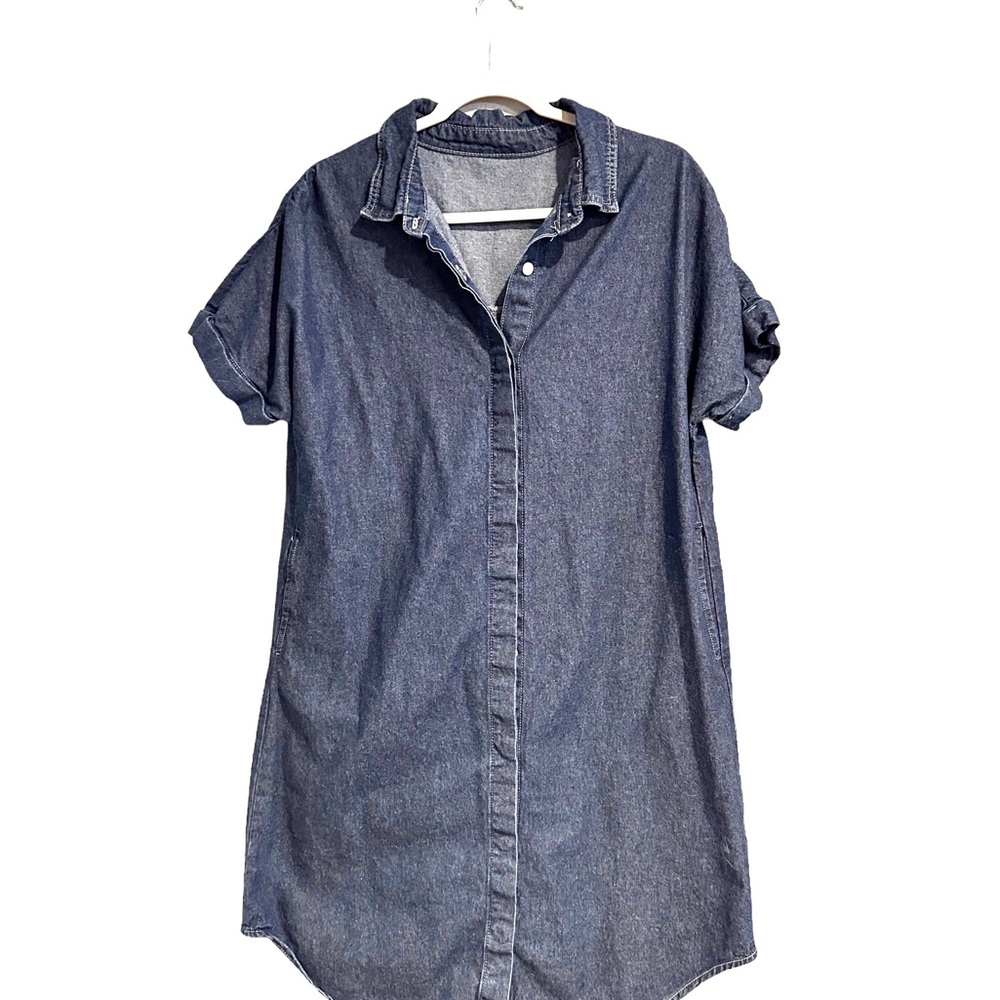Denim short sleeve button down shirt dress. Size M
